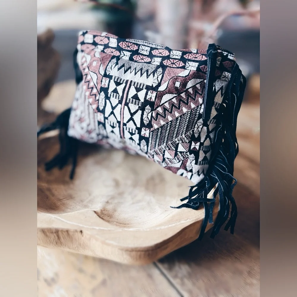 Clutch ELEVATED BOHO Tapestry & Suede Fringe Clutch with Metallic Thread